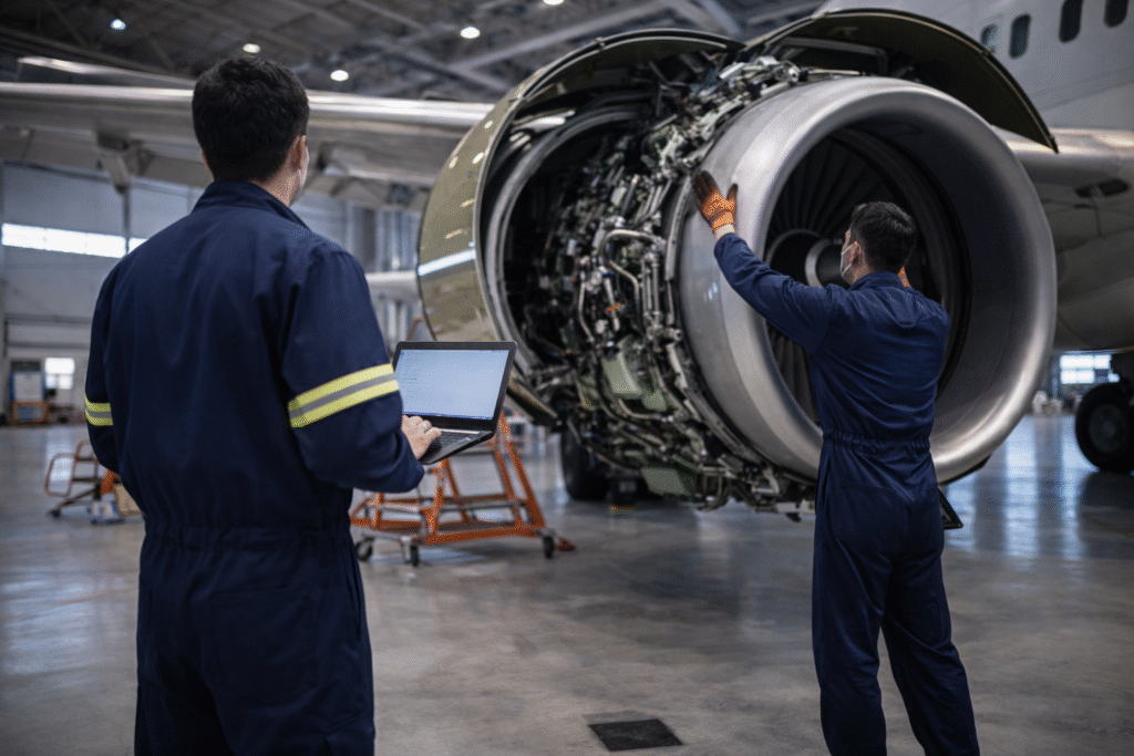 Riyadh Air aircraft engineers working on a jet engine inside a hangar